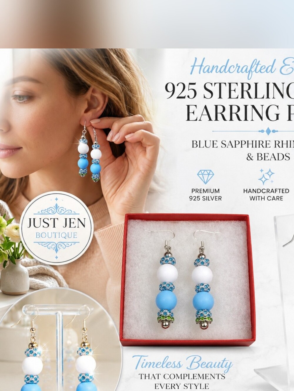 Blue & White Rhinestone Beaded Drop Earrings - 925 Sterling Silver Hook Earrings - Picture 3 of 11
